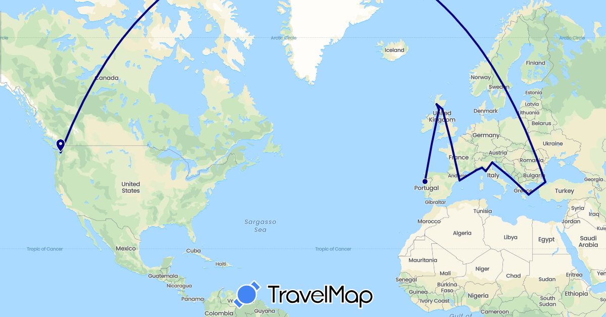 TravelMap itinerary: driving in Spain, France, United Kingdom, Greece, Italy, Portugal, Turkey, United States (Asia, Europe, North America)